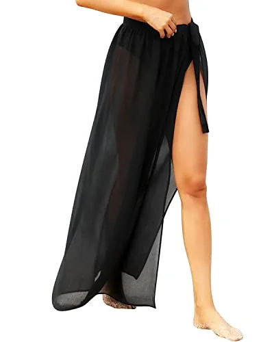 Semi Sheer Swimsuit Wrap Skirt Coverups For Women-Black Sexy Two-Piece Set