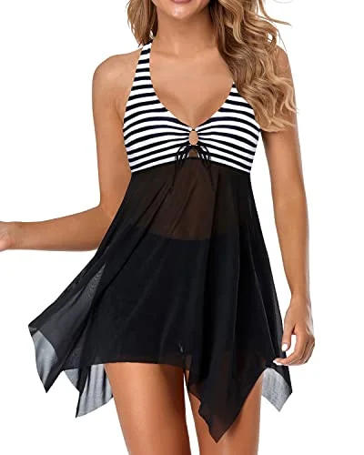 Ladies Mesh Tummy Control 2 Piece Swim Dress With Boyshorts-Black And White Stripe Sexy Two-Piece Set