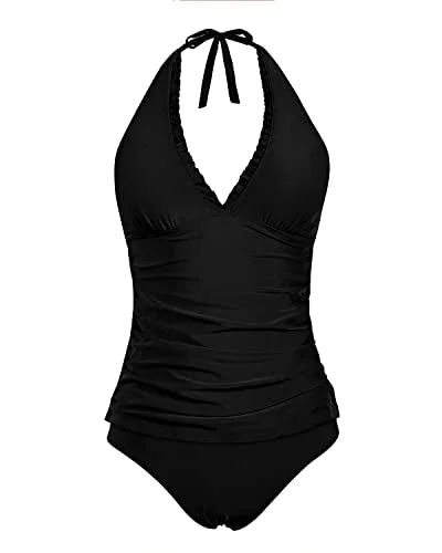 Halter Tankini Swimsuits Tummy Control Two Piece Ruffle V Neck Bathing Suits-Black Lace Back Bikini