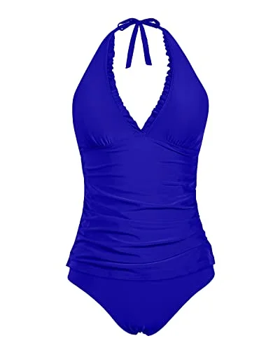 Ruffle V Neck Tankini Top With Bikini Bottoms Tankini Swimsuits-Royal Blue Ruffled Swimsuit Top