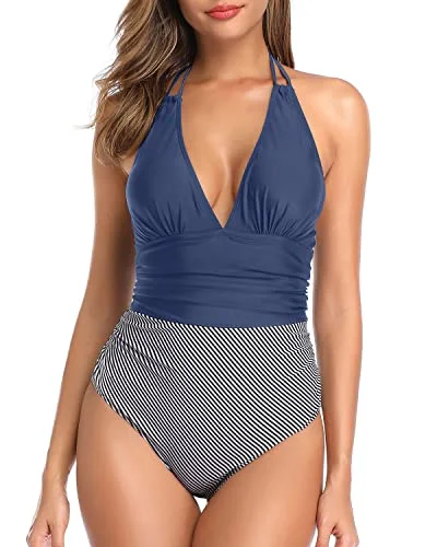 Open Back Halter Bathing Suit Tummy Control Women One Piece Swimwear-Blue White Stripe Vibrant Bikini Design