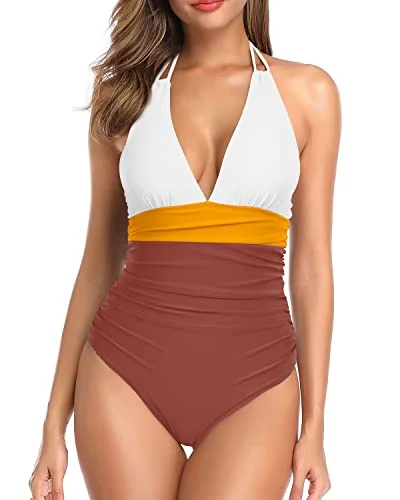 Women Sexy Plunge V Neck One Piece Swimsuit Tummy Control Bathing Suit-Whtie Yellow Brown Classic One-Piece