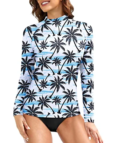 Sun Protection Swim Shirt Swimsuit Top Long Sleeve Swim Shirts For Women-Black Palm Tree Cross-Back Bikini