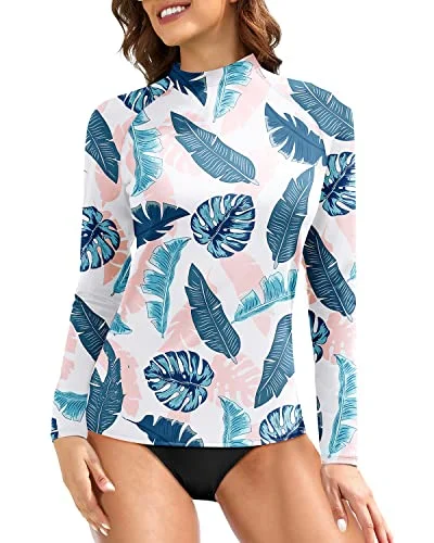 Long Sleeve Uv Upf 50+ Sun Protection Swim Shirts For Women-Blue And Pink Leaf Stylish Beachwear Set