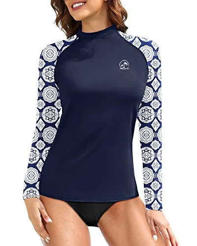 Women's Upf 50+ Sun Protection Long Sleeve Swim Shirts-Blue And White Snake Print Strapless Swimsuit Top