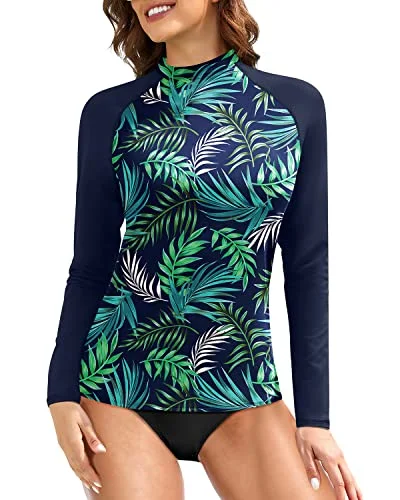 Women's Long Sleeve Rash Guard Swim Top Uv Upf 50+ Sun Protection-Blue Leaf Playful Pattern Swimsuit