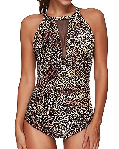 Halter High Neck Mesh Tummy Control One Piece Swimsuit-Leopard Elegant Swimsuit Bottoms