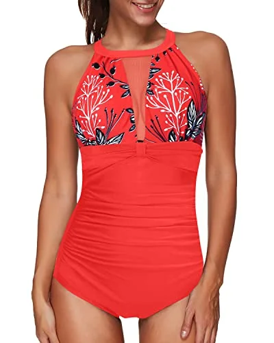 Women's Mesh High Neck One Piece Swimsuit With Tummy Control Swimwear-Red Floral Vintage Swimwear Look