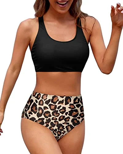 Sporty Women High Waisted Two Piece Bikini Sports Crop Top Swimsuit-Black And Leopard High-Waisted Swimwear