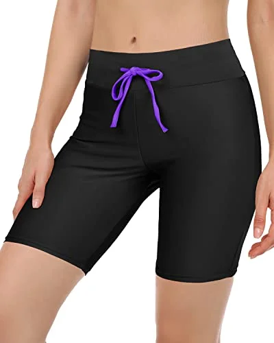 Women's Swim Shorts With Tummy Control Long Board Shorts-Black Purple Crisscross Back Swimsuit