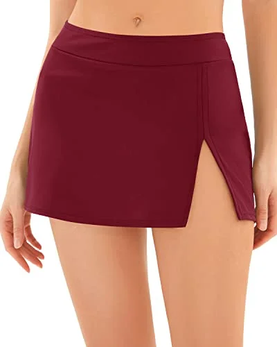 Waistband Skirted Swimsuit Bottoms For Women's Swim Skirt-Maroon Mesh Detail Bikini