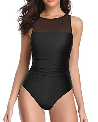 Women High Neck One Piece Swimsuits For Women Mesh Bathing Suits-Black Retro-Inspired Bikini Set