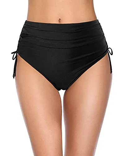 Ladies Full Coverage High Waisted Swimsuit Bikini Bottoms-Black Plunge Neckline Swimsuit