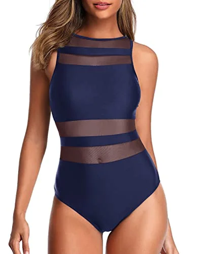 Women's Unique And Charming Mesh Patchwork One Piece Swimsuits-Navy Blue Retro-Inspired Bikini Set