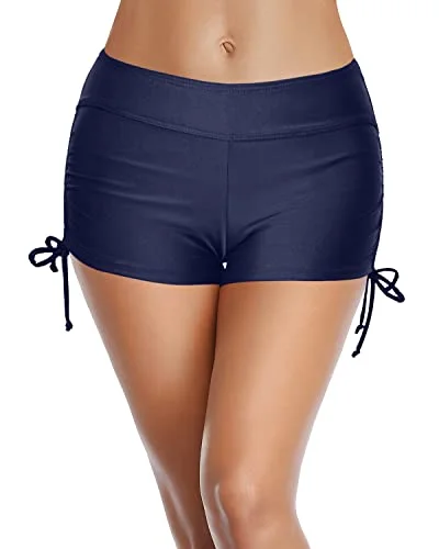 Mid Waisted Board Shorts Boyshort Swimsuits For Women-Navy Blue Vibrant Bikini Design