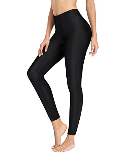 Women Swimming Leggings High Waisted Upf 50+ Rash Guard Swimsuit Pants-Black High-Waisted Swimwear