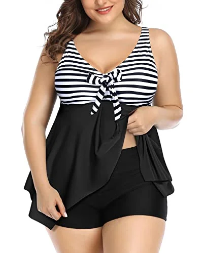 Plus Size V Neck Tankini Swimsuits For Women With Boy Shorts-Black And White Stripe Shiny One-Piece Swimsuit