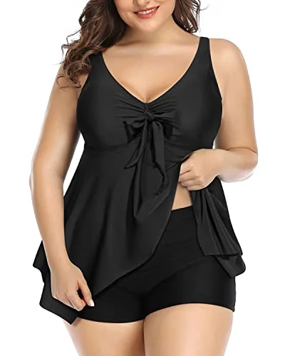 Plus Size Tankini Swimsuits For Women With Shorts Bathing Suits-Black Button-Front Swimsuit