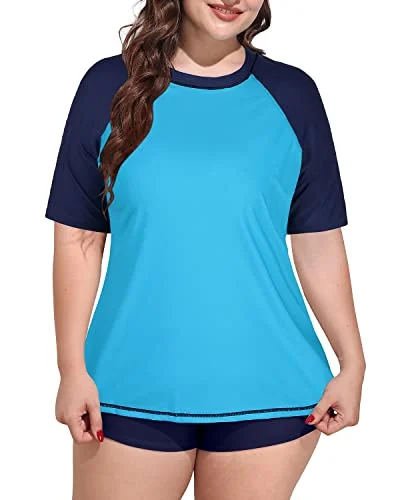 Plus Size Women's Loose Short Sleeved Rash Guard Swimsuit-Aqua Lace Back Bikini