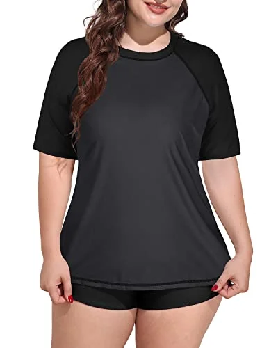 Short Sleeved Women's Plus Size Rash Guard Swimsuit With Boyshorts-Grey And Black Elegant Swimsuit Bottoms