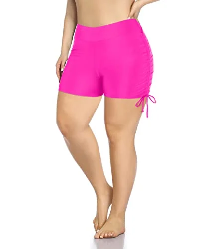 Modest Swimming Shorts For Women Plus Size High Waisted Swimsuit Shorts-Neon Pink Elegant Ruffle Swimsuit