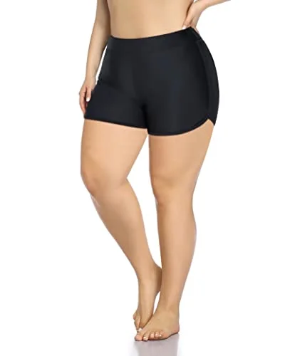 Full Coverage & Tummy Control Swim Shorts For Women Plus Size-Black High-Cut One-Piece