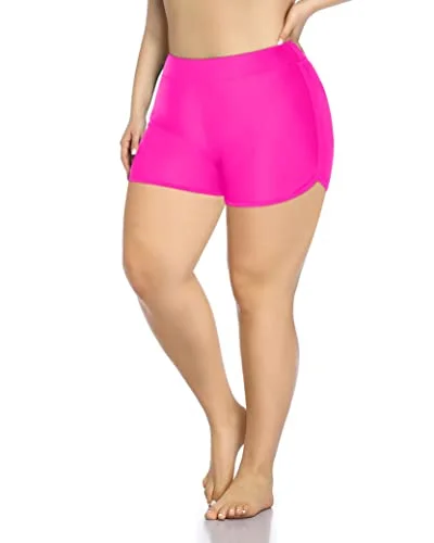 Plus Size Nylon & Spandex Swim Board Shorts-Neon Pink Plunge Back Swimsuit