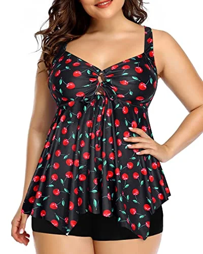 Flowy Top Loose Fit Plus Size Tankini Swimsuits For Women-Black Cherry Fun Pattern Swimsuit