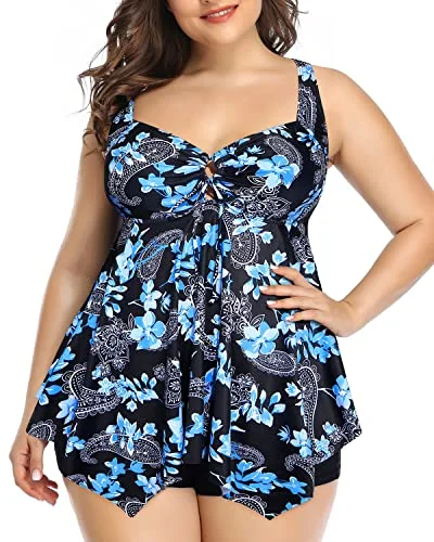 Plus Size Adjustable Shoulder Strap Tankini Swimsuits For Women-Black Floral Adjustable Swim Top