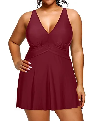 V Neck Women One Piece Swimdress With Built In Swim Brief Under Skirt-Maroon Floral Bikini Top