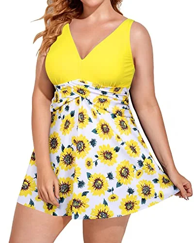 V Neck Plus Size Swim Dress With Tummy Control Bathing Suit-Yellow Floral Timeless Black Bikini