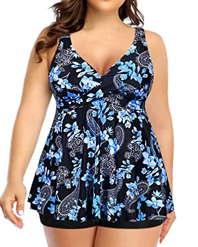 Twist Front Tankini Swimsuit For Maternity Women-Black Floral Elegant Ruffle Swimsuit