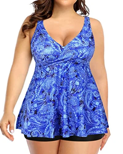 Plus Size High Waisted Boy Shorts Tankini Swimsuit For Women-Blue Tribal Luxury Swimsuit Style