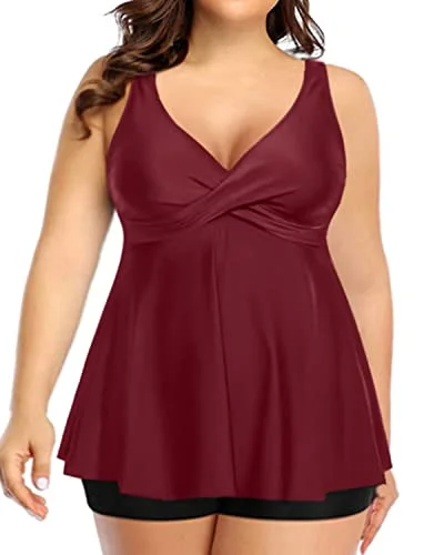 Flowy Plus Size Tankini Swimsuit Tummy Control Bathing Suits For Women-Maroon Quick-Dry Swimsuit