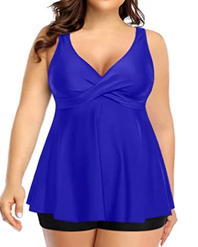 Twist Front Two Piece Plus Size Tankini Swimsuit For Juniors-Royal Blue And Black Sexy Swimwear Set