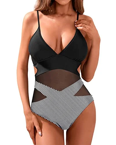 Women's Sexy Mesh Patchwork Cutout Monokini Swimsuit-Black Stripe Beachy Ruffle Bikini