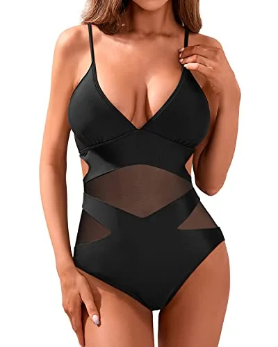 Women's Sexy One Piece Swimsuits Mesh High Waisted Bathing Suits Monokini-Black Halter Neck Swimsuit