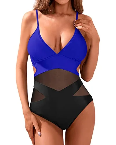 V Neck Sexy Mesh High Waisted Monokini Cutout Swimwear For Women-Royal Blue And Black Push-Up Swimsuit Top