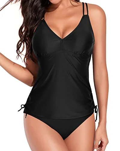 Criss Cross Ruched Tankini Swimsuits For Women-Black Lace Back Bikini