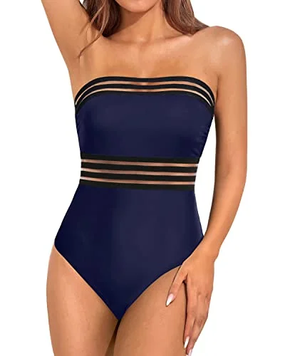 Bandeau Tube Swimswear Slimming Strapless One Piece Swimsuit For Women-Navy Blue Flirty Ruffle Swimsuit