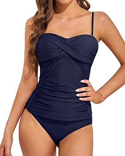 Flattering Bandeau Tankini Swimsuits For Women-Navy Blue Sleek Full Coverage