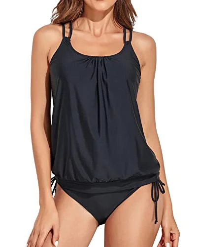 Athletic Blouson Tankini Top With Bikini Bottom Tummy Control Swimsuits-Black Vibrant Bikini Bottoms