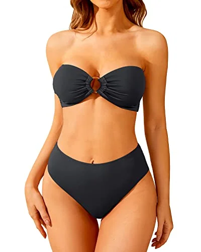 Women's Two Piece Bandeau Swimsuit High Waisted Bikini Set Sleek Full Coverage