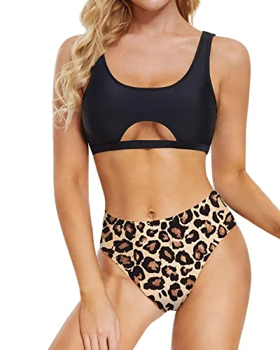 Cheeky Two Piece Bikini Set For Women Underboob Swimsuit-Black And Leopard Comfortable Swim Dress