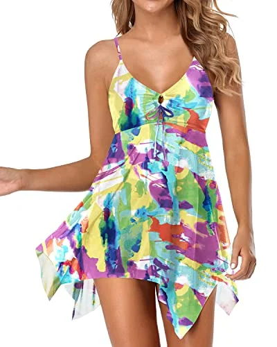 Women Flowy Swim Dress With Boy Shorts Two Piece Swim Dress-Color Tie Dye Flirty Ruffle Swimsuit