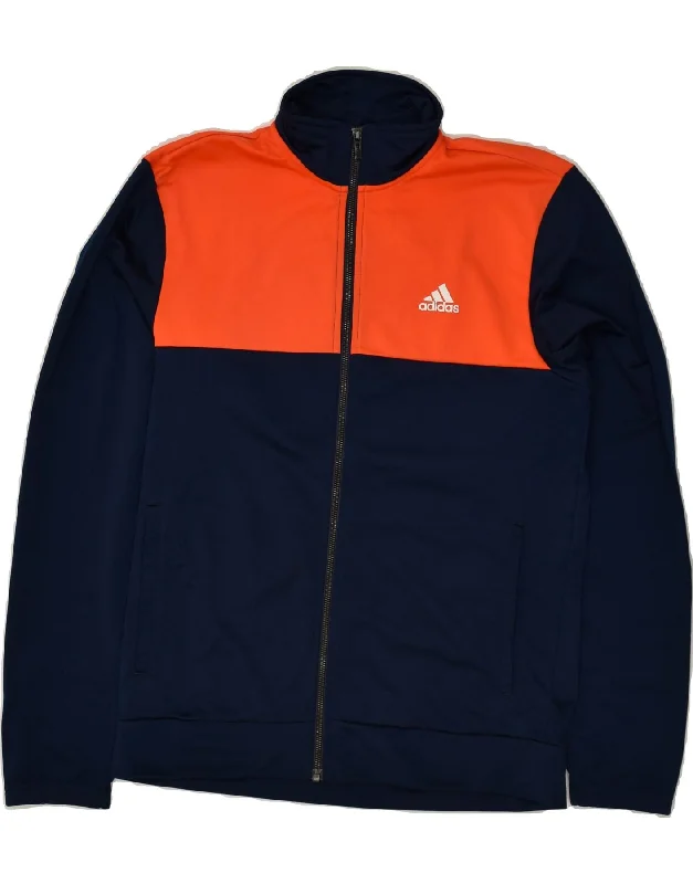 ADIDAS Womens Tracksuit Top Jacket UK 16 Large Navy Blue Colourblock Notch Collar Peter Pan Collar Cowl Neck