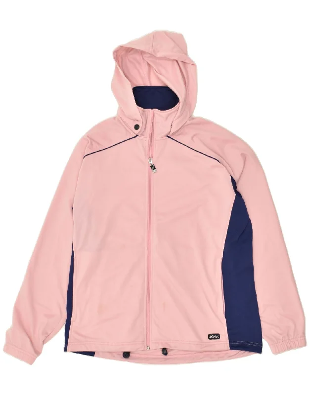 ASICS Womens Hooded Tracksuit Top Jacket UK 18 XL Pink Colourblock Cotton Fabric Linen Fabric Terry Fabric