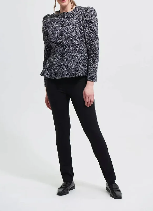 Boucle Jacket With Roped Shoulders In Black/grey A-Line Jacket Boat Neck Shawl Collar