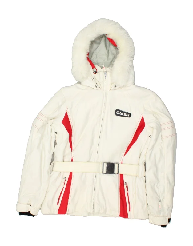 COLMAR Womens Hooded Ski Jacket IT 42 Medium White Wool Fabric Cashmere Fabric Tweed Fabric