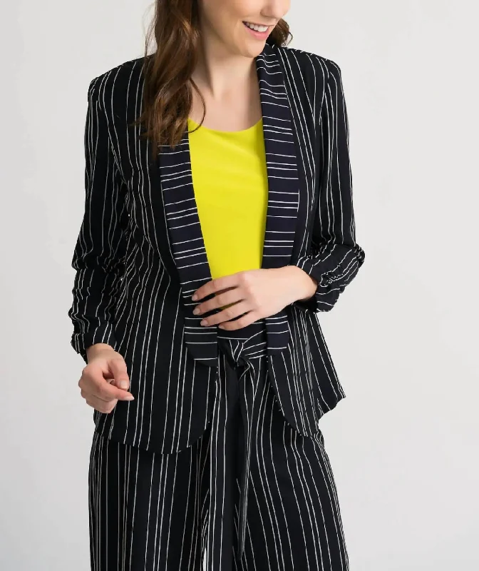 Double Pinstripe Jacket In Navy/white Stripe Ribbed Jacket Pleated Jacket Ruffled Jacket